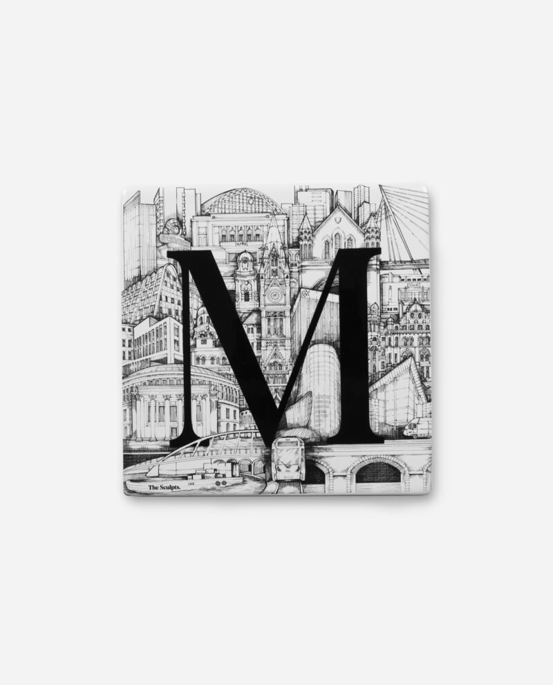 Manchester letter M tile by The Sculpts, ceramic with bold black M overlaying pen-and-ink Manchester architecture