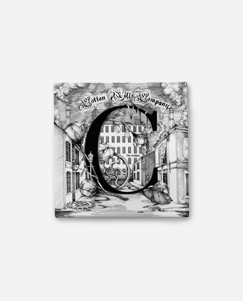 The Sculpts Manchester ceramic tile letter C Cotton Mill Company design in black and white pen and ink style