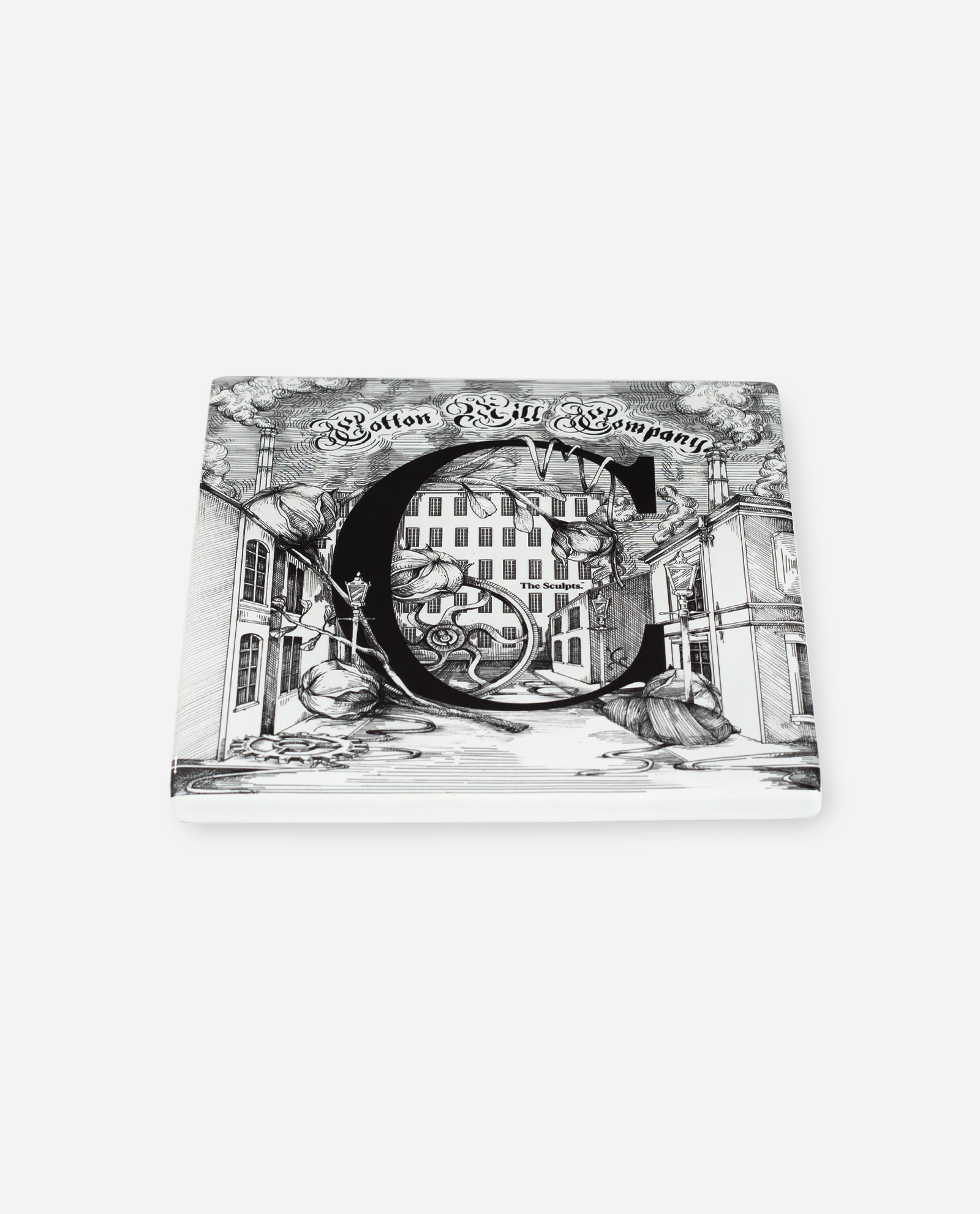 Oblique angle view of Manchester Letter C ceramic tile showing glossy white surface and detailed black illustration