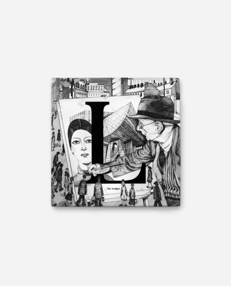 Lowry Manchester tile showing black letter L with illustrated figures and industrial buildings by The Sculpts