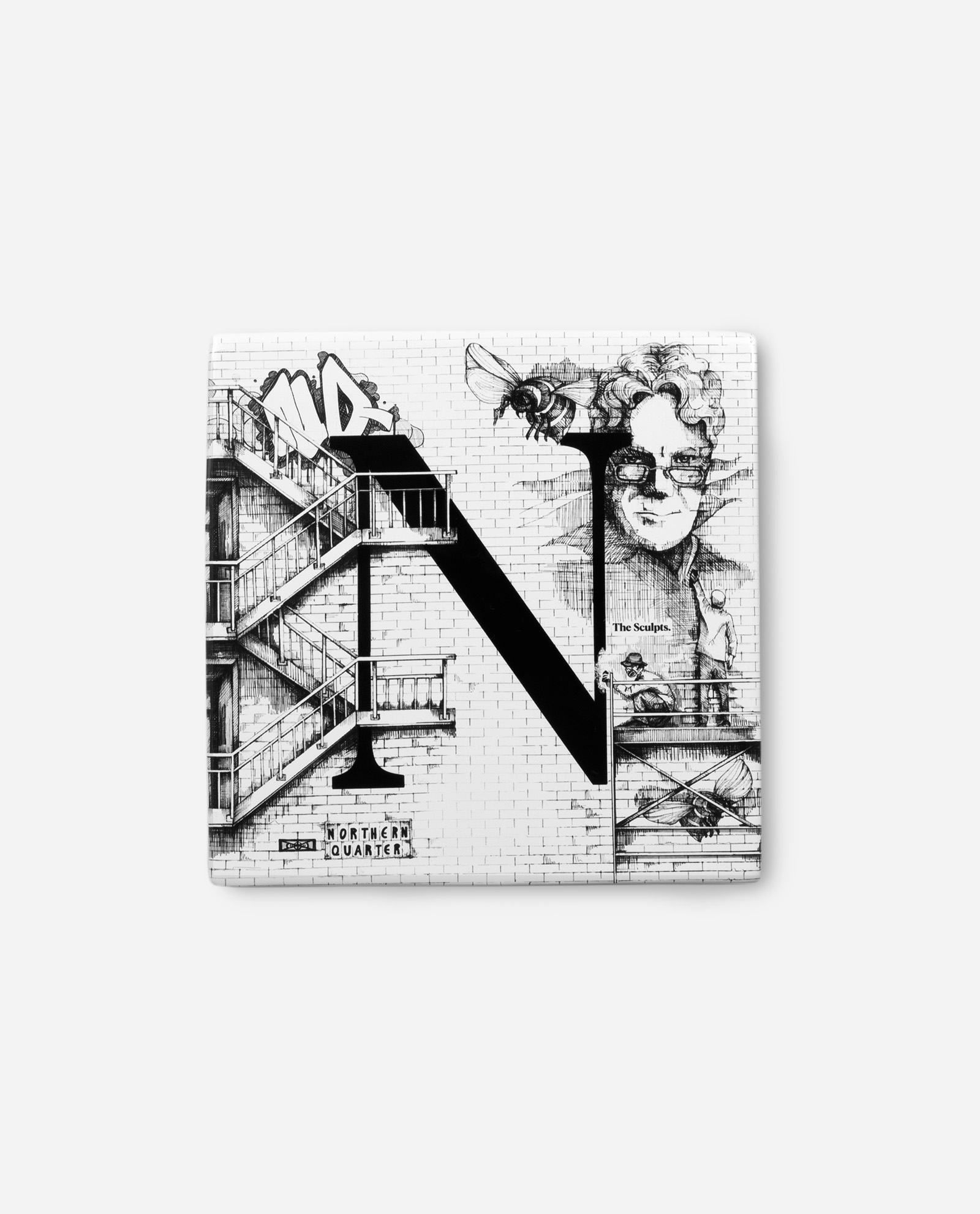 Northern Quarter letter N ceramic tile showing detailed pen and ink illustration with graffiti and portrait by The Sculpts