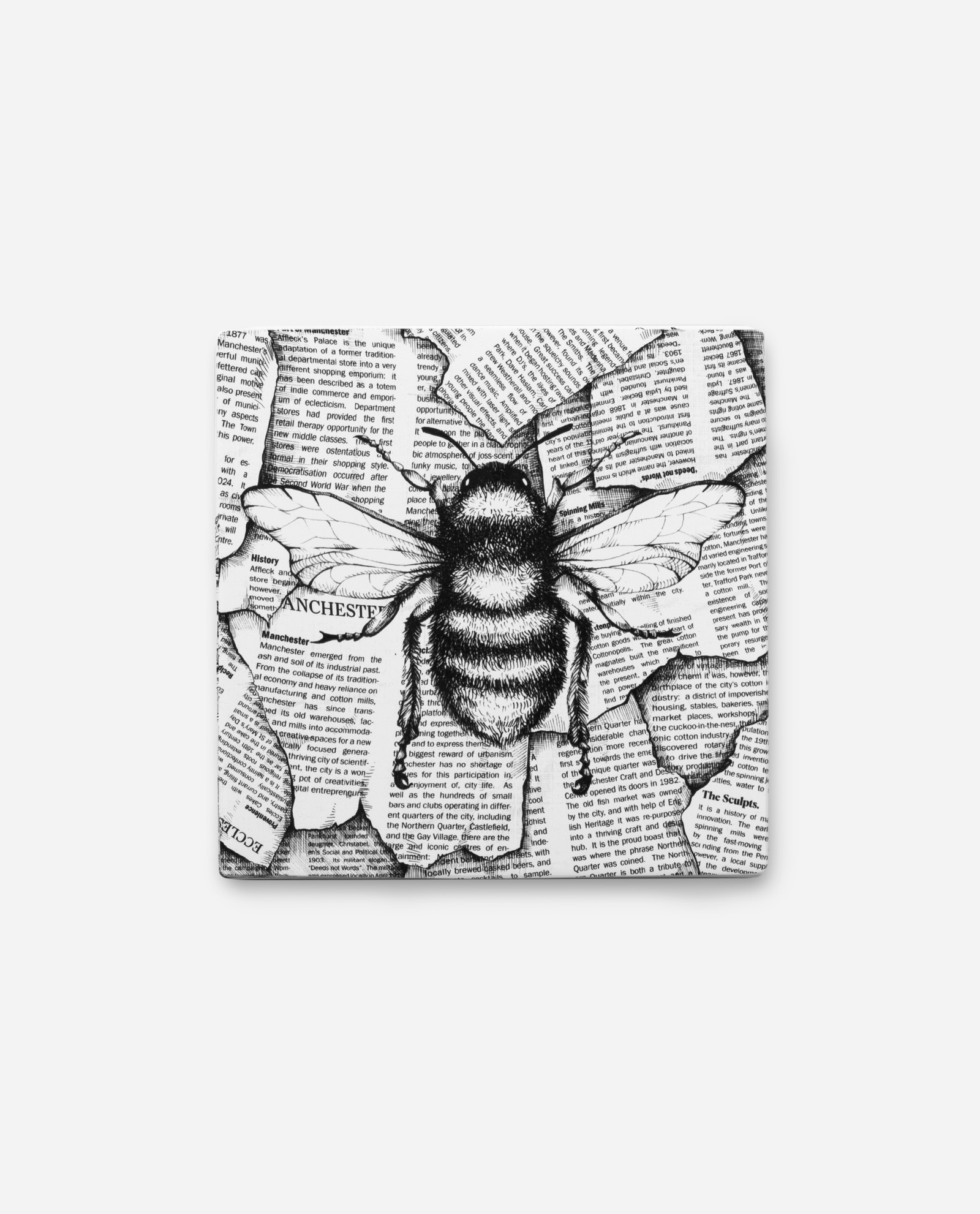 The Sculpts Manchester bee tile in black and white showing detailed bumblebee illustration over vintage newspaper text