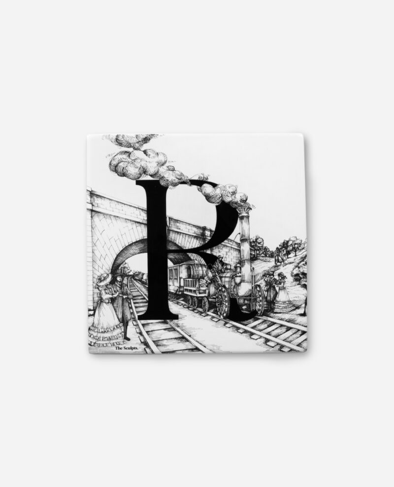 Letter R Rocket ceramic tile by The Sculpts showing black R over vintage steam engine illustration on white square tile