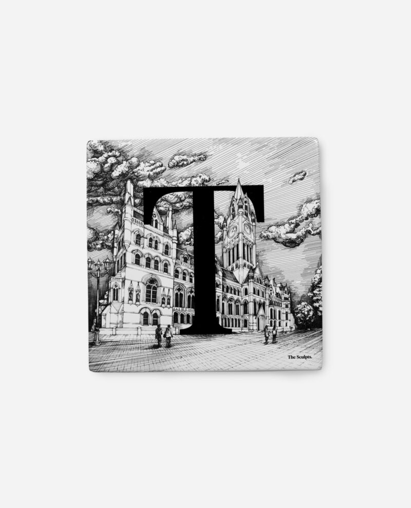 Manchester Town Hall T tile by The Sculpts showing ornate Victorian buildings separated by bold letter T