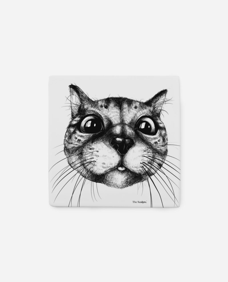 Black and white ceramic cat tile front view showing detailed ink illustration by The Sculpts