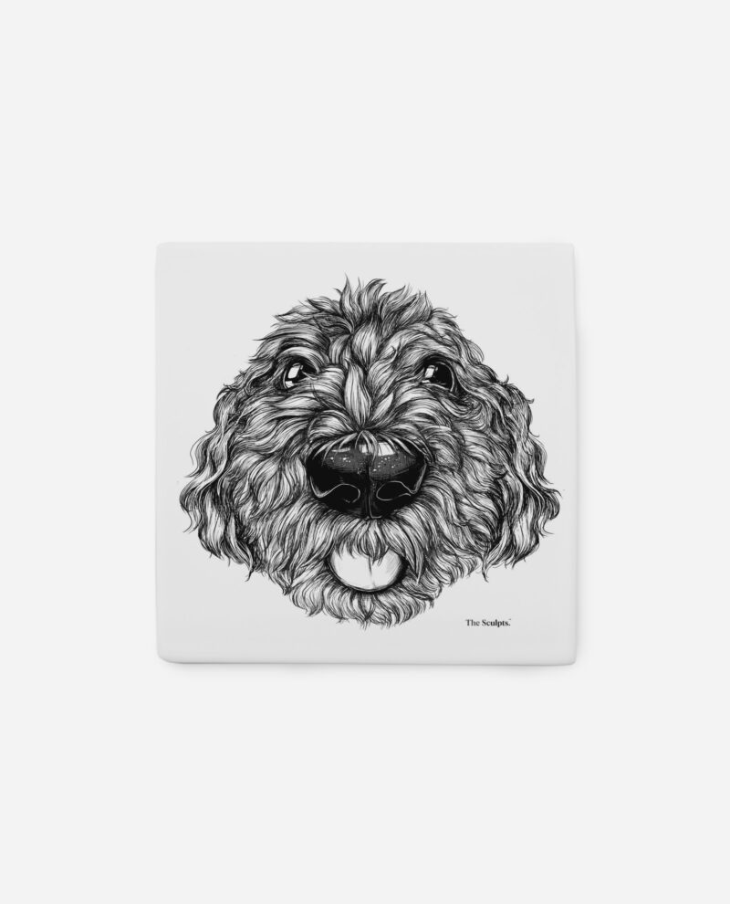 Dog ceramic tile front view showing cockapoo face illustration in black ink on white ceramic by The Sculpts