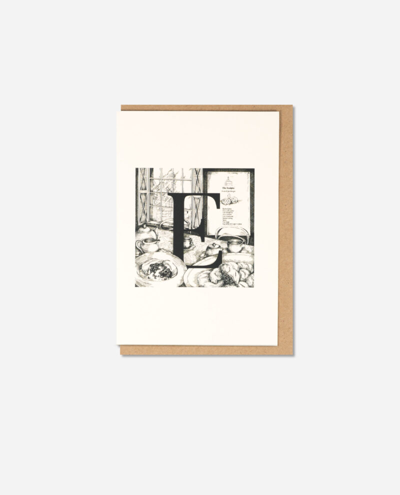 Top view of The Manchester Letters E for Eccles Cake card showing illustrated breakfast table with pastries