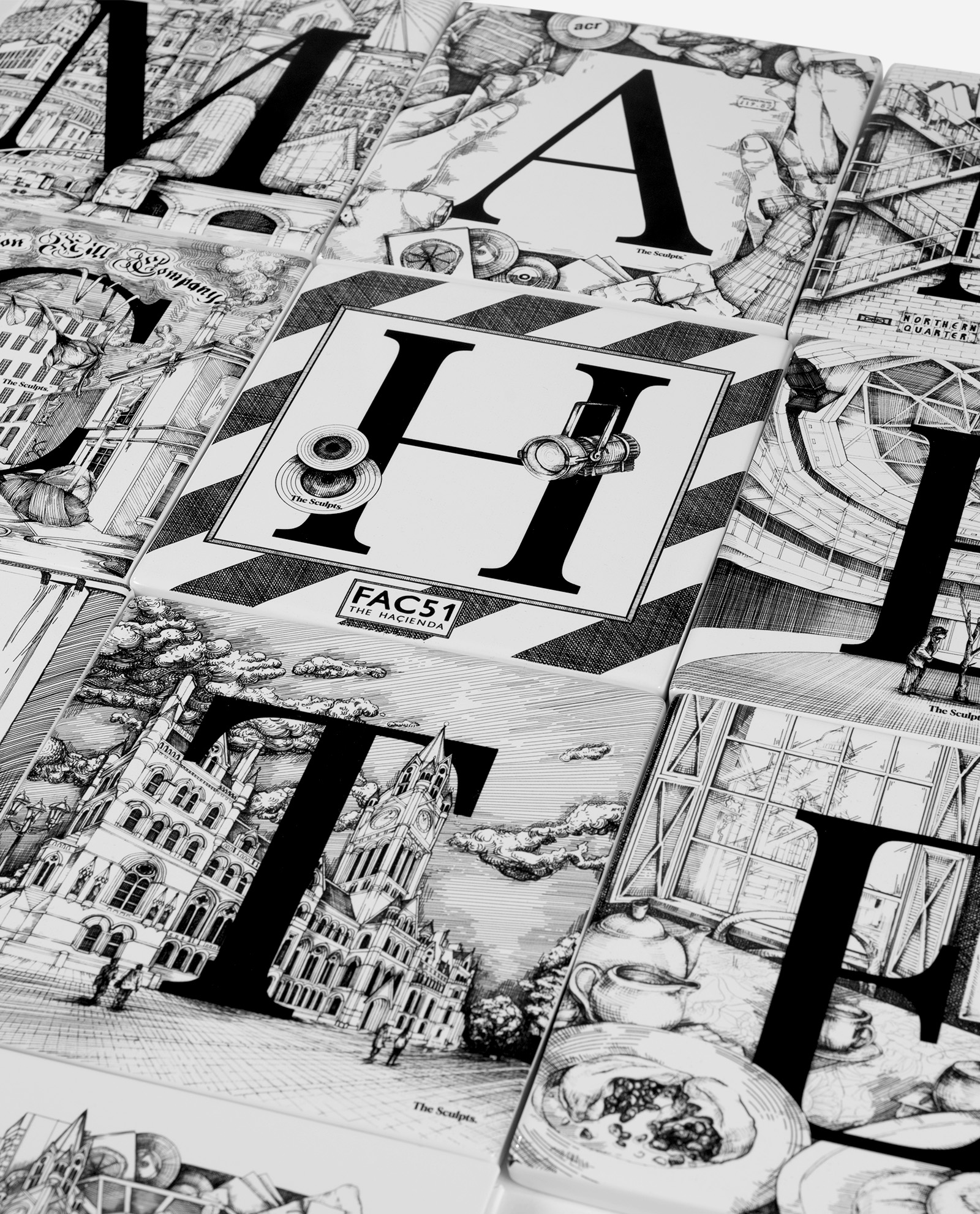 Manchester Tile Set spread showing individual decorative tiles with letters M A N C H E S T E R and illustrated scenes of Manchester landmarks