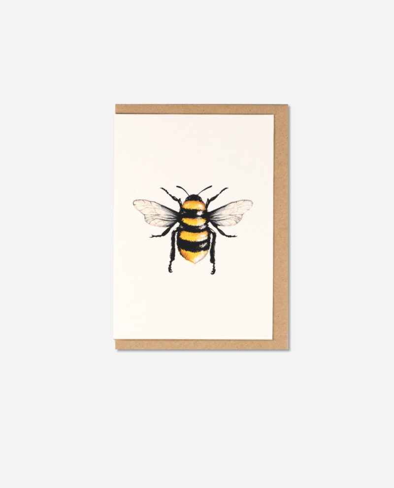Manchester Bee Greeting Card showing watercolour bumblebee design on cream card with kraft envelope, flat lay view