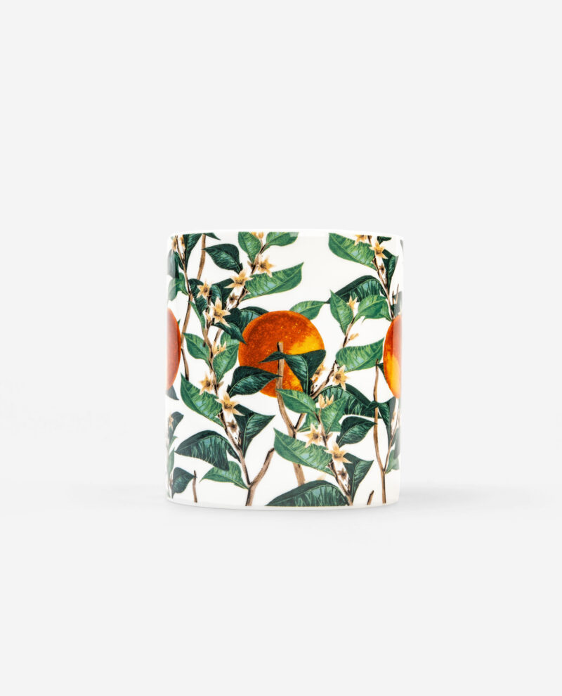 Citrus Vulgaris candle by The Sculpts showing botanical orange and green leaf pattern on white bone china vessel