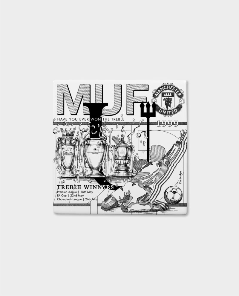 Manchester United Treble tile front view showing illustrated Premier League, FA Cup and Champions League trophies with MUF text and 1999 design